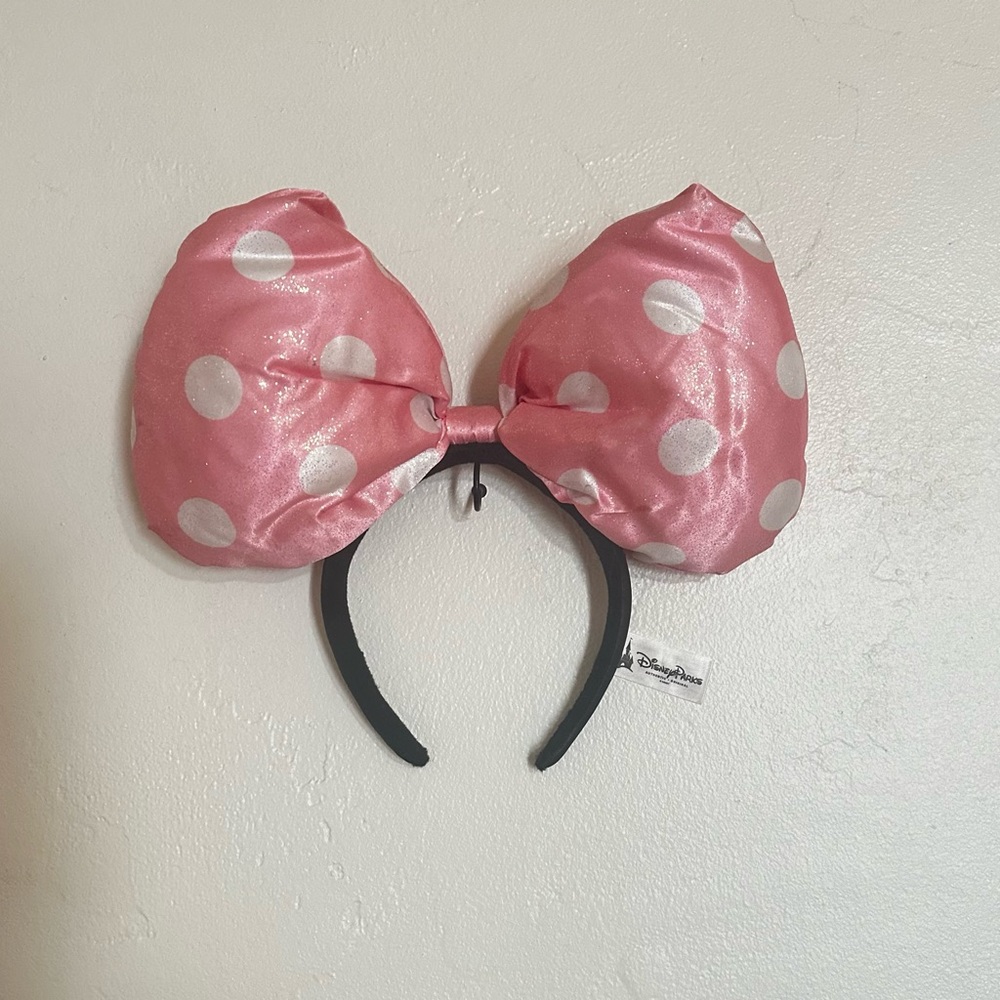 Disney Parks Pink Polka Dot Sparkly Oversized Bow Minnie Mouse Headband Souvenir